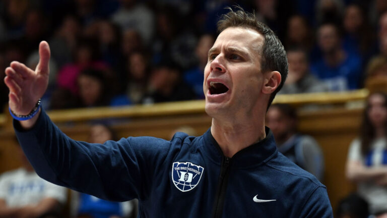 Duke basketball coach John Scheier gives Cooper Flagg a reason for a rare technical foul