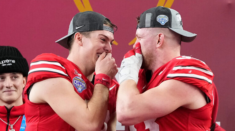 Ohio State’s Jack Sawyer clowns Will Howard for stumbling in the Cotton Bowl