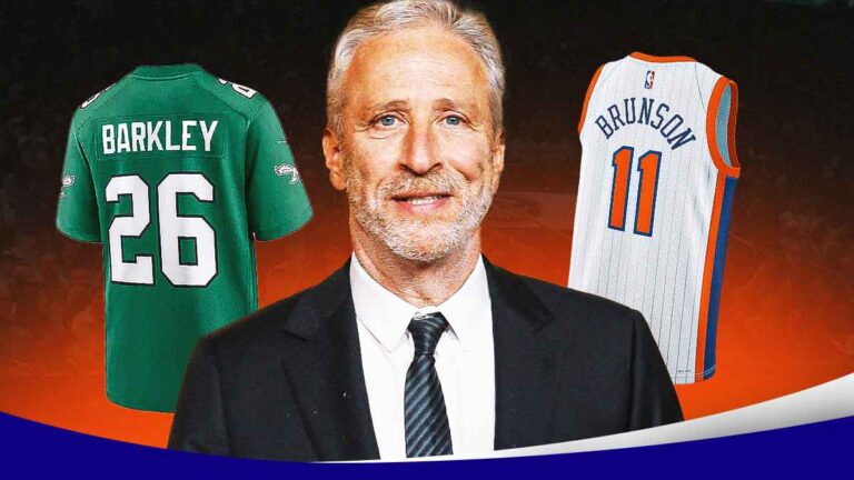 Superfan Jon Stewart was taken by Jersey Sakuon Barkley after he lost his bet of Jalan Brunson